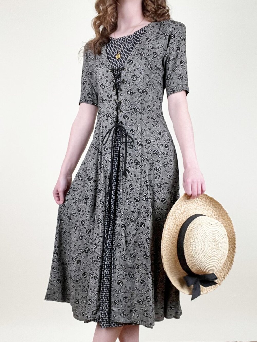 Vintage Lace Up Midi Dress Whimsigoth Corset Grunge Cottagecore Prairie Witchy